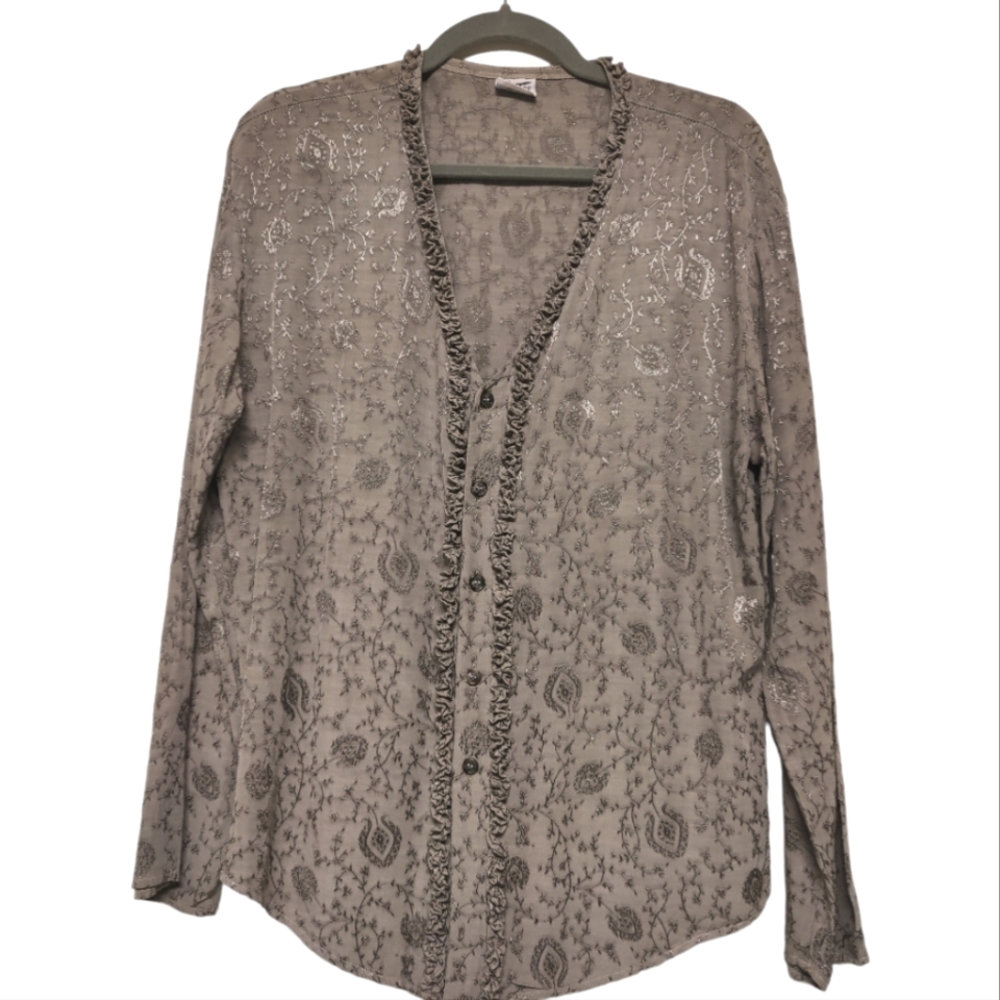 Beautiful VTG CP Shades San Francisco  Rayon Gray Embroidered Detail Blouse L